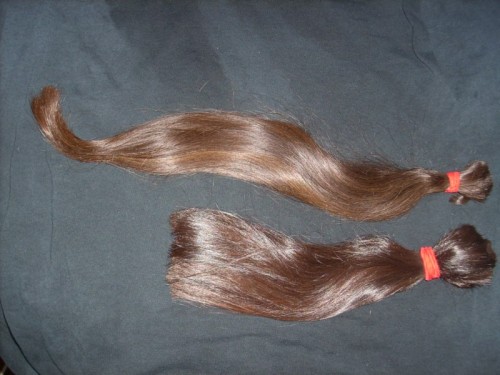 Gorgeous dark brown hair with red highlights, very healthy, 12” and 18”.