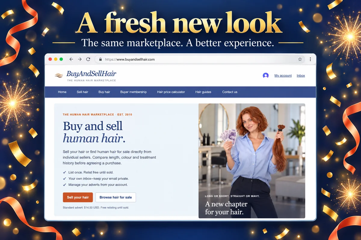 The refreshed BuyAndSellHair homepage in a celebratory browser illustration, surrounded by gold confetti and orange ribbons.
