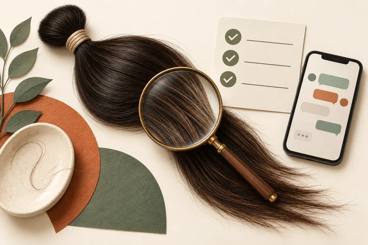 A hair bundle with a magnifying glass, checklist and message symbols for comparing an advert.