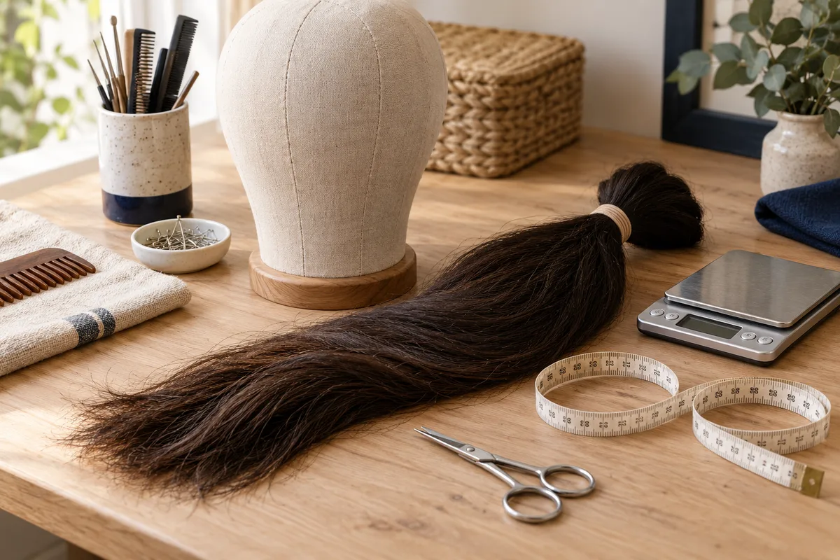 A fabric wig block beside a secured brown ponytail, measuring tape and small scale on a worktable.