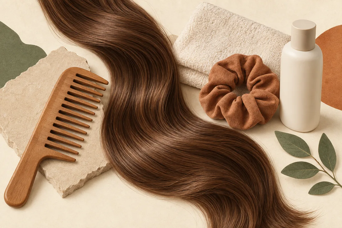 A wide-tooth comb, soft towel and fabric hair tie beside long hair.