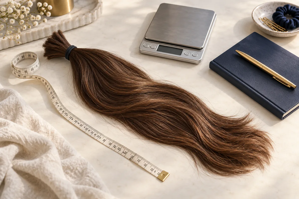 A chestnut ponytail beside a measuring tape and scale on a cream table.