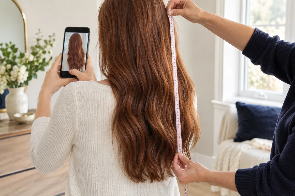 An adult photographing long auburn hair beside a window while a helper holds a measuring tape.