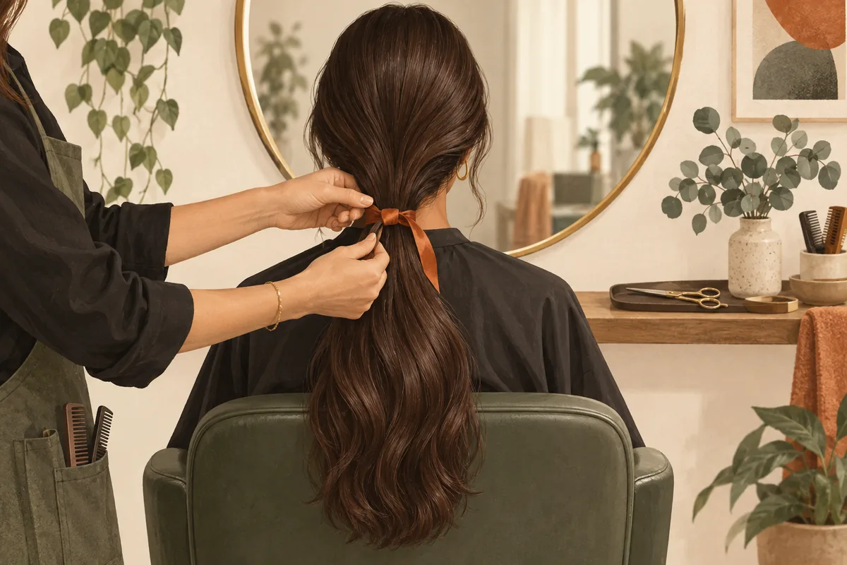 A stylist secures a long ponytail before cutting, with closed scissors resting nearby.