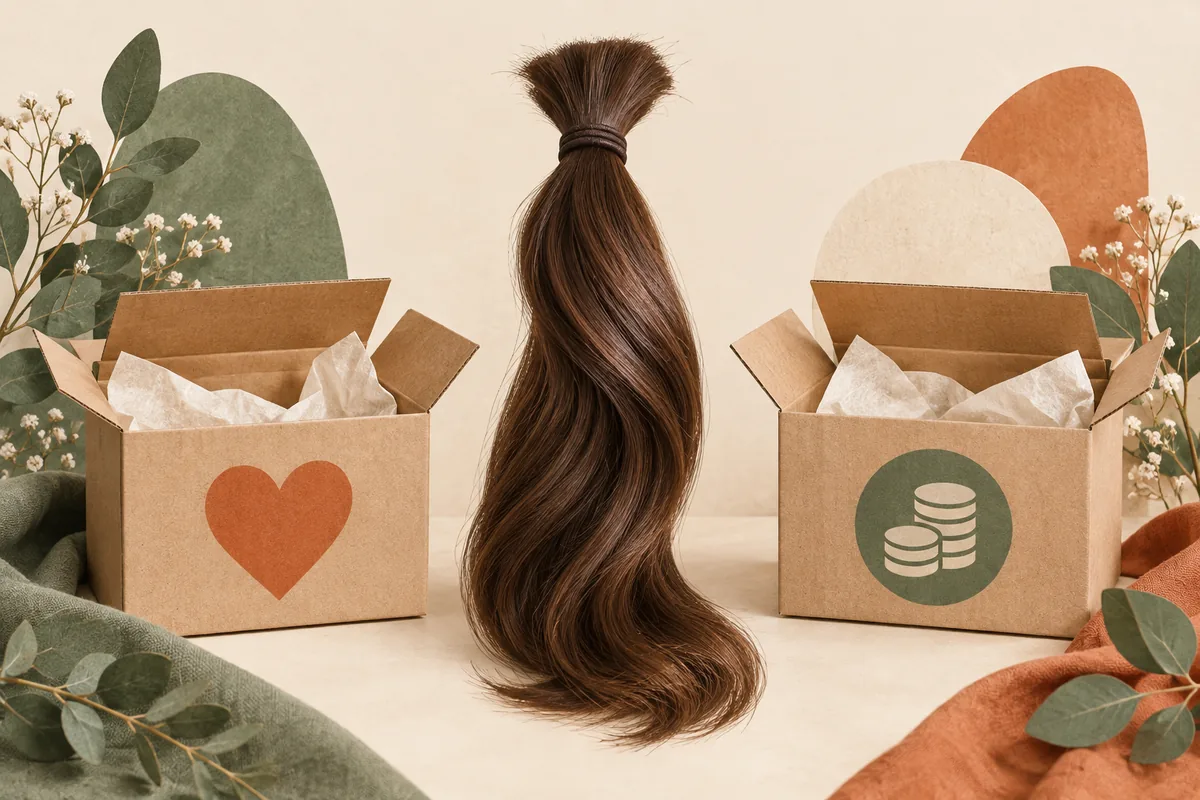 A ponytail between a heart-marked donation box and a box with coins, illustrating two choices.