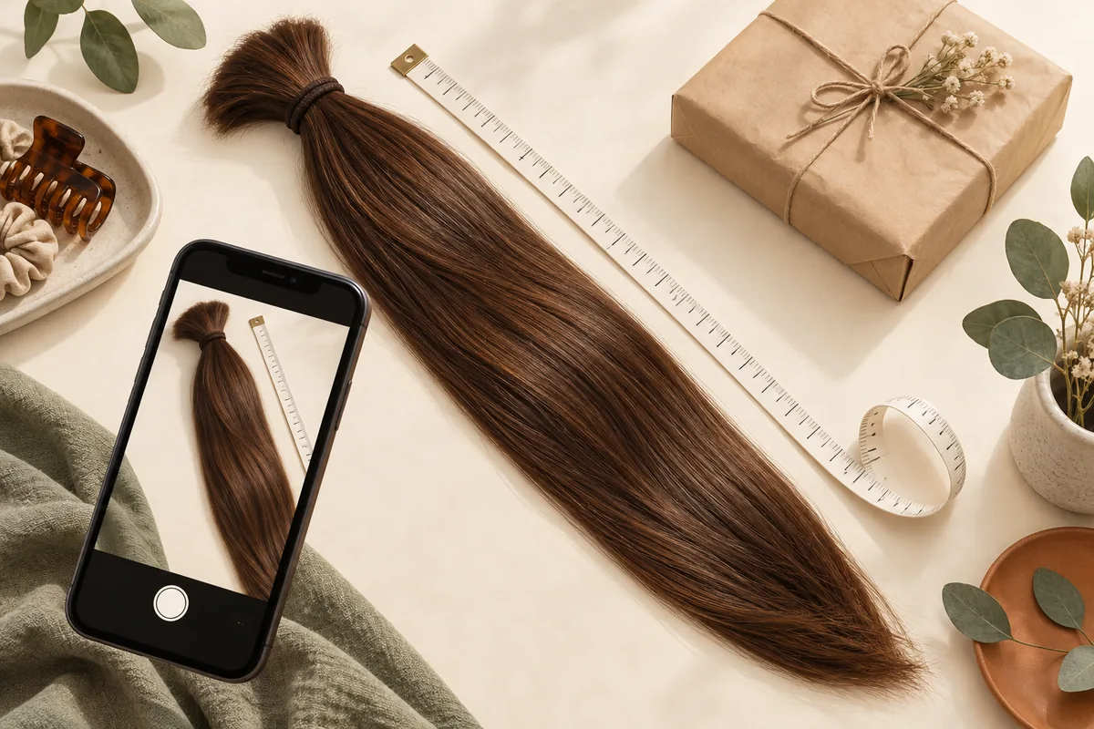 A ponytail beside a measuring tape, phone and parcel for preparing a hair advert.