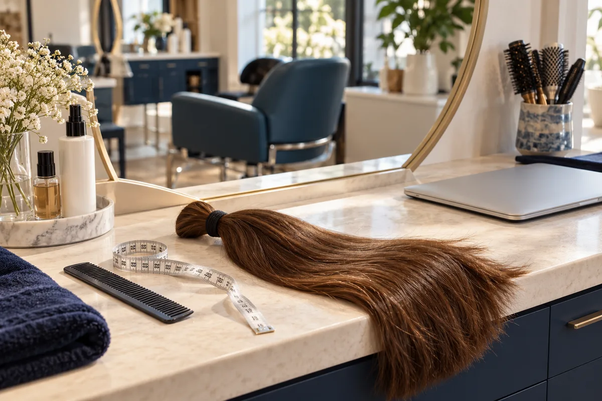 A neatly arranged ponytail and measuring tape on a bright salon counter beside a closed laptop.