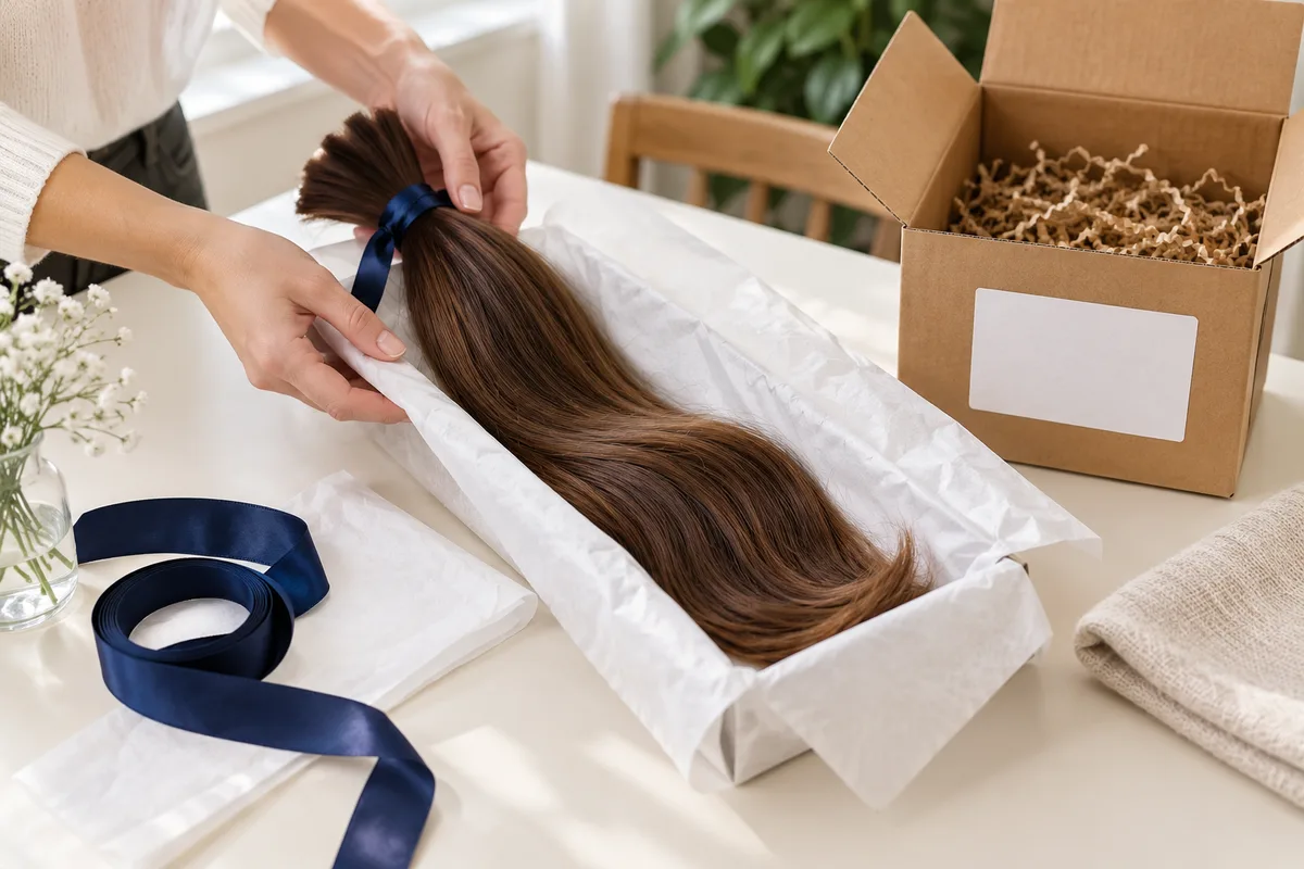 Hands placing a secured hair ponytail into protective packaging beside an open shipping box.