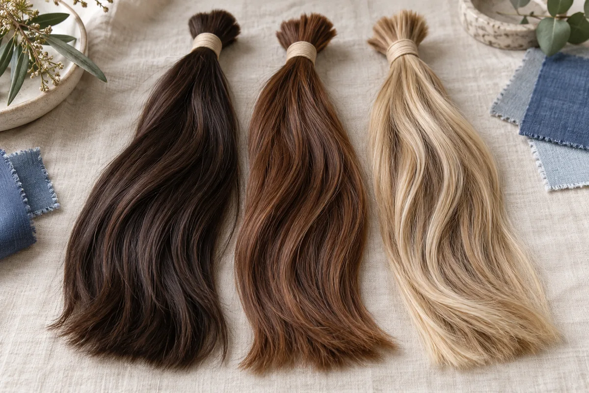 Dark brown, chestnut and highlighted blonde hair bundles tied neatly at their cut ends.